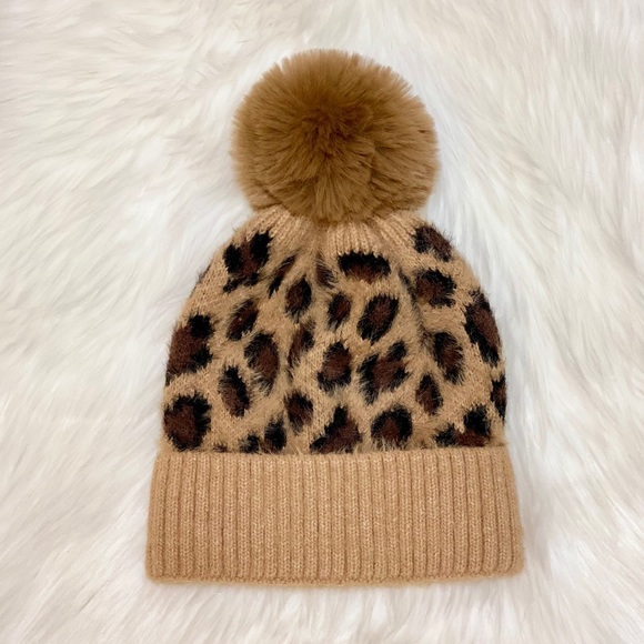 Cheetah Print Pom Pom Soft Acrylic Beanie - Picture 3 of 7